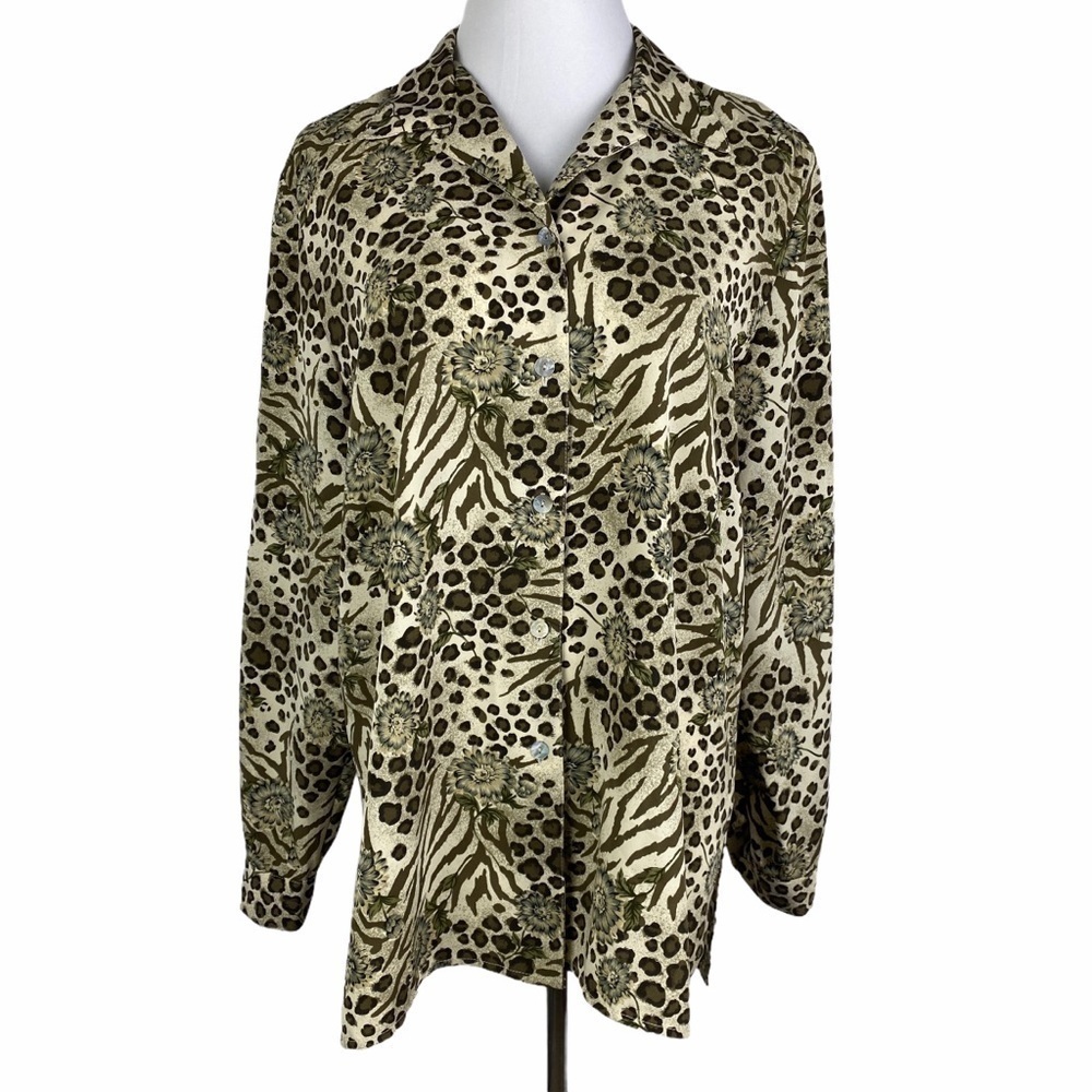 Impressions Vintage Cougar Print Button Down Shirt Women's Large Tan Long Sleeve